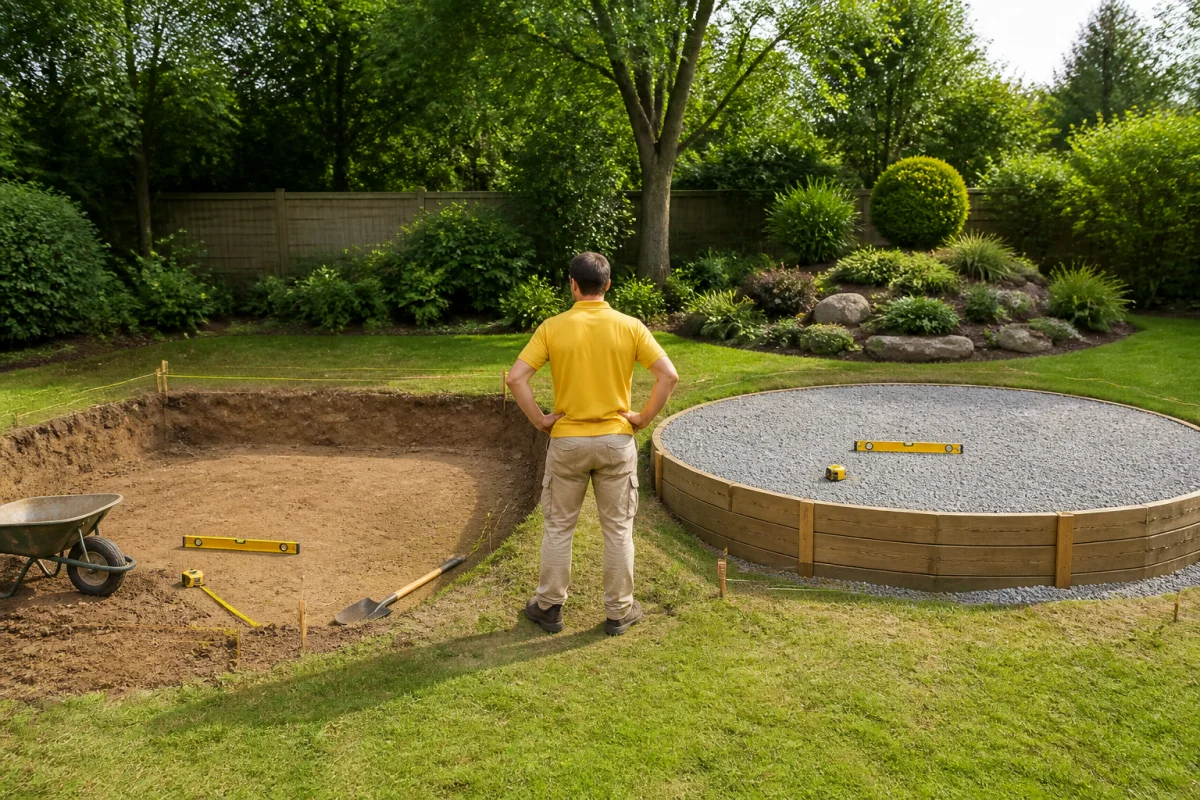 Préparer un terrain pour piscine hors sol avec zones décais­sée et rehaussée nivelées dans un jardin résidentiel