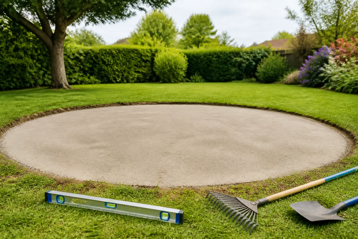 Préparer un terrain pour piscine hors sol : base nivelée et sable compacté dans un jardin résidentiel