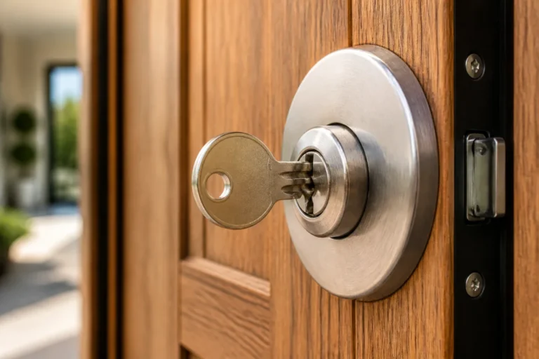 Cylindre de serrure débrayable avec clé et rosace de sécurité sur une porte d’entrée renforcée en bois