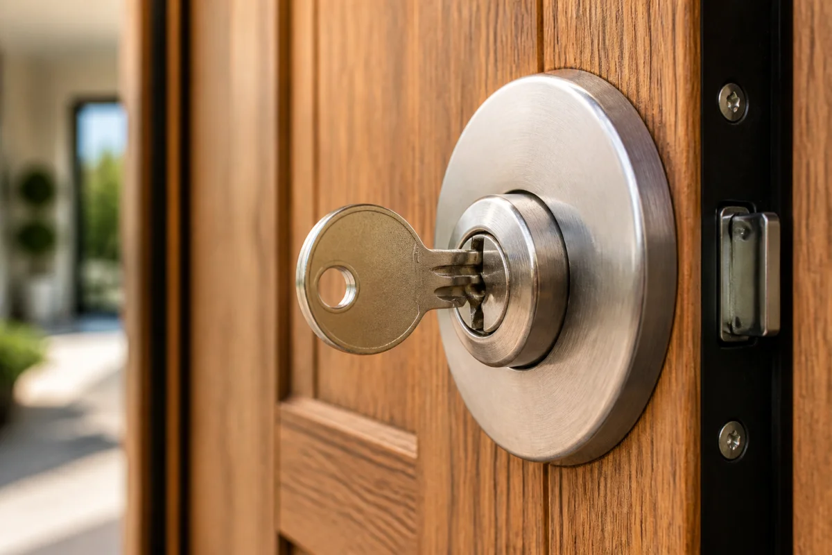 Cylindre de serrure débrayable avec clé et rosace de sécurité sur une porte d’entrée renforcée en bois