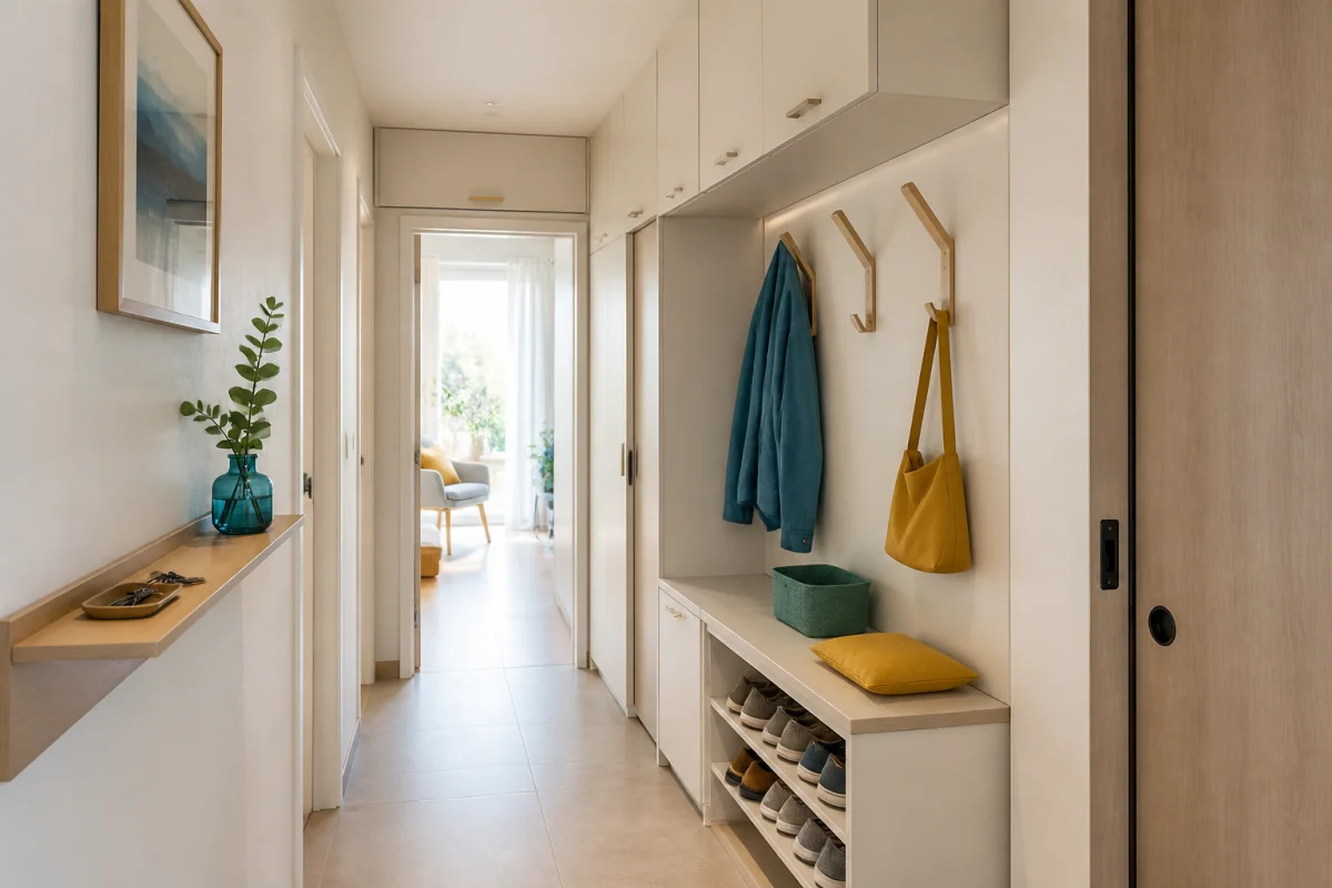 Rénover un couloir étroit avec rangements compacts, porte coulissante et passage central dégagé