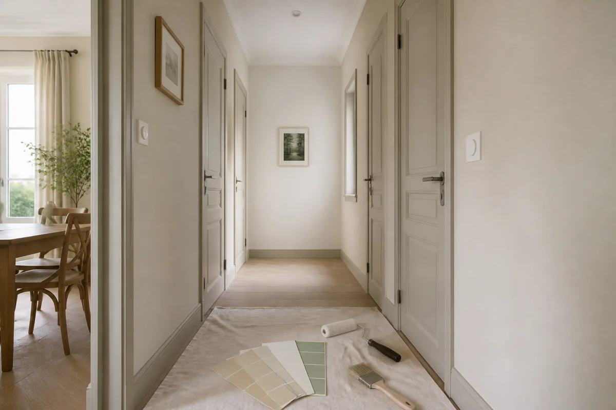Rénover un couloir étroit avec murs clairs, portes uniformes, nuancier et outils de peinture au premier plan