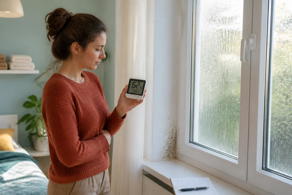 Personne vérifiant un hygromètre à plus de 60 % près d’une fenêtre avec condensation et traces de moisissure discrètes