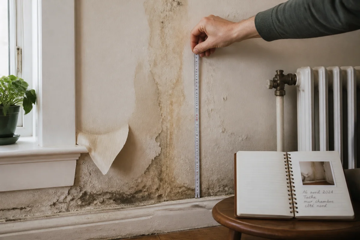 Signes d’humidité dans la maison : auréoles, peinture cloquée et bande sombre sur un mur intérieur